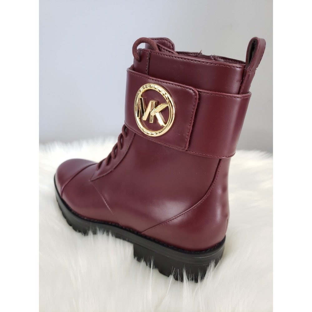 NEW Size 7 Michael Kors Tatum Maroon Combat Lace‎ Up Logo plum Boots Burgundy - Picture 3 of 8